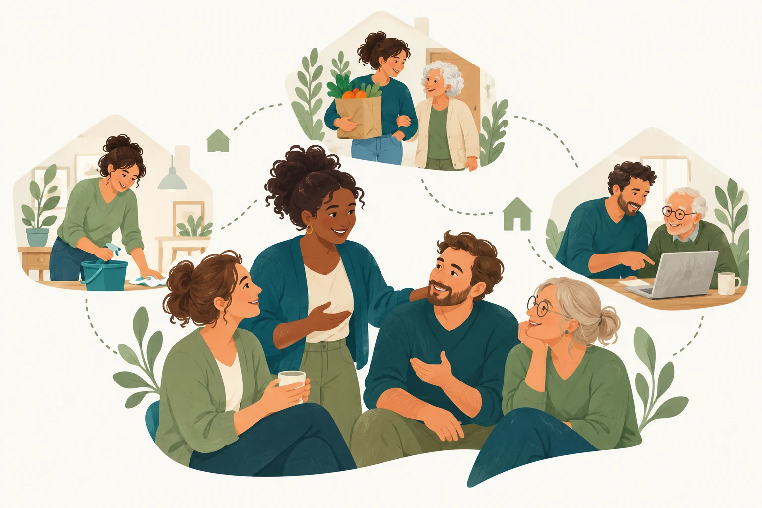 Des indépendants échangent entre eux et accompagnent des personnes à domicile : ménage, courses et aide informatique.