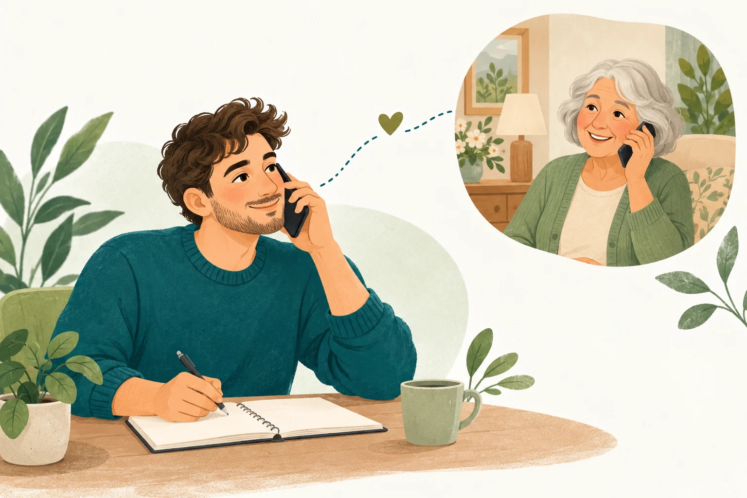 Illustration d’un échange téléphonique chaleureux pour organiser une aide à domicile.
